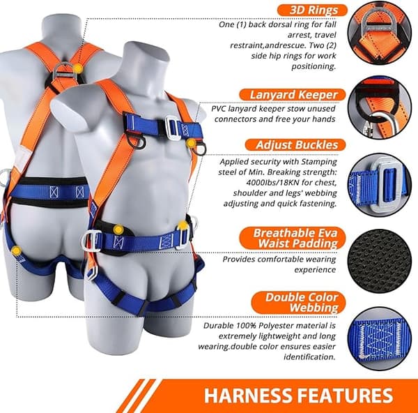 Fall Protection Kit with Harness, Full Body Harness with Shock Absorbing Lanyard - Updated Comfortable Lumbar Pad-FO-