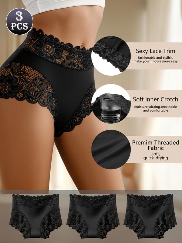 3-pack Enfärgade Högmidjade Trosor med Spetsdetaljer för Kvinnor M Black