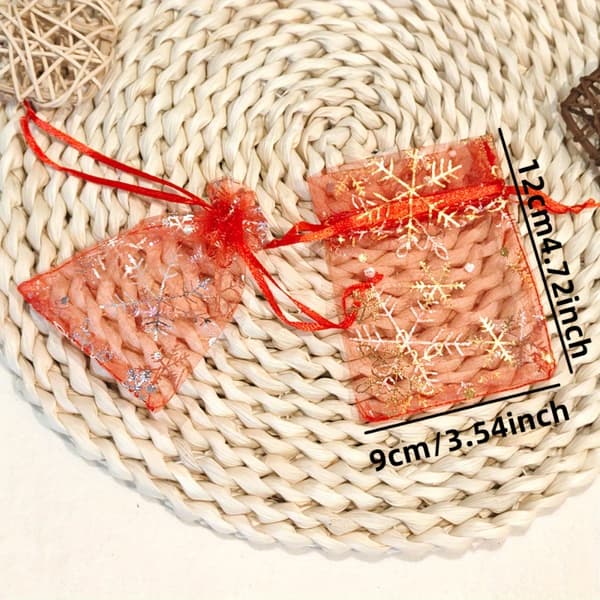 Snöflingeorganzapåsar med dragsko för julbröllopssmyckesförpackningar 9x12cm(25pcs) White Snowflake