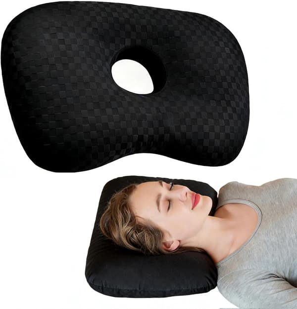 Ørepiercingpude 44 x 32 x 5 cm - 9 cm centralt hul, side sovepude til ørepiercinger, smertelindring og antiinflammatorisk (Sort)-FO-
