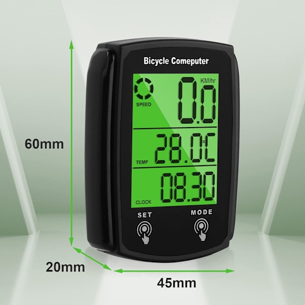 Trådløs cykelcomputer, vandtæt cykelcomputer med HD baggrundsbelyst LCD-display og automatisk start og batteri, cykel speedometer