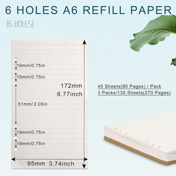 A6 påfyllspapir, 3 pakker 100GSM tykt påfyllbart papir 6-hulls påfyllingsark løsbladpåfyll 135 ark (270 sider)-FO-