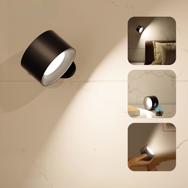 Sladdlös vägglampa, LED-vägglampa med uppladdningsbart batteri, touchkontroll med 3 färgtemperaturer och 3 ljusstyrkenivåer, 360° roterbar black