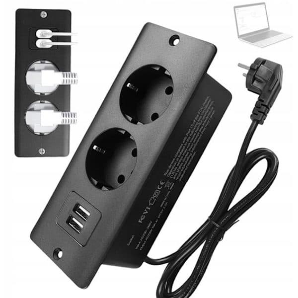 4-in-1 Power Strip - Black - 2 Power Outlets, 2 USB A Ports - 1.5 m Cable - Durable with Multiple Safety Features - Hidden Mounting Design-FO-
