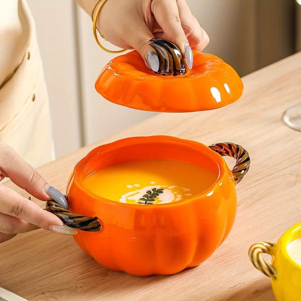 Keramisk gresskarskål med lokk og håndtak for suppe, godteri og høstdekor Small