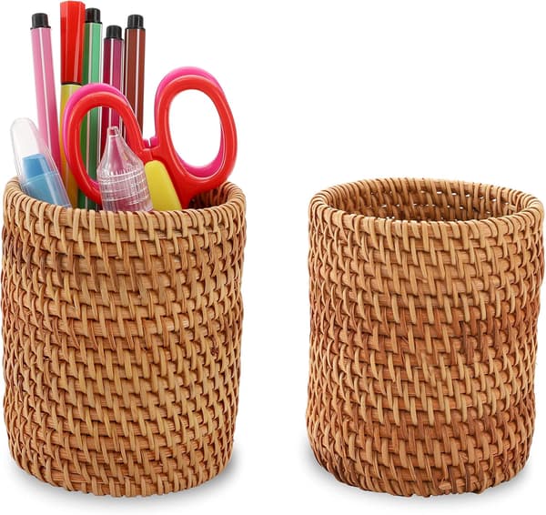 2-pak Rattan Penneholder, Håndlavet Makeupbørste Organizer & Opbevaring-FO-