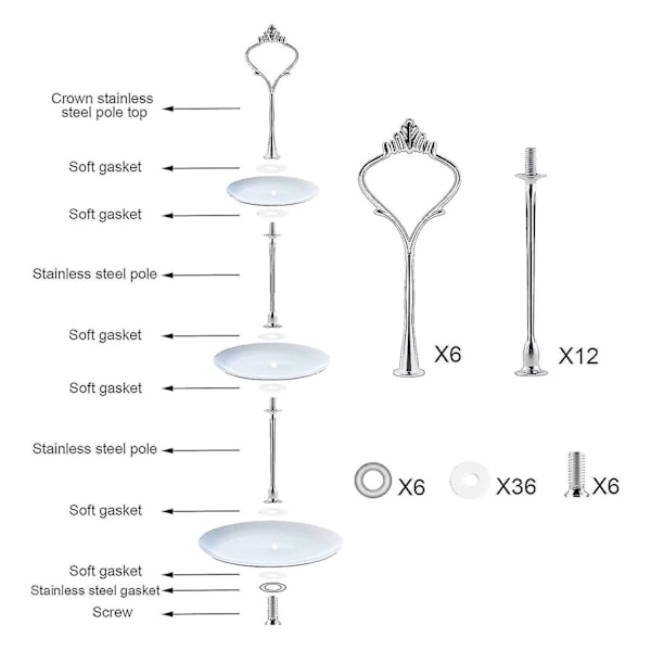 6-delt hardware sæt til kageholdere 3-lags kageholder montering hardware holder til bryllup og fest Gratis fragt + overlegen kvalitet