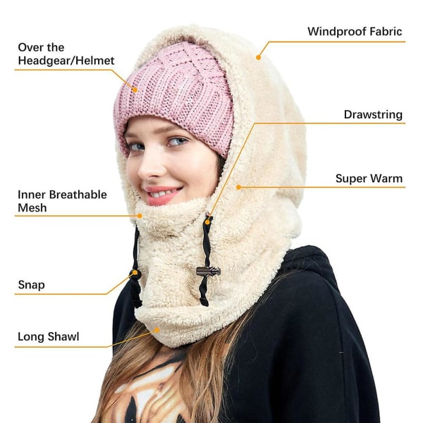 Sherpa Hood Skidmaske Vinter Balaclava Kaldt vær Vindtett Justerbar Varm Vinterhette Cover Hat Cap Scarf[DB] Khaki