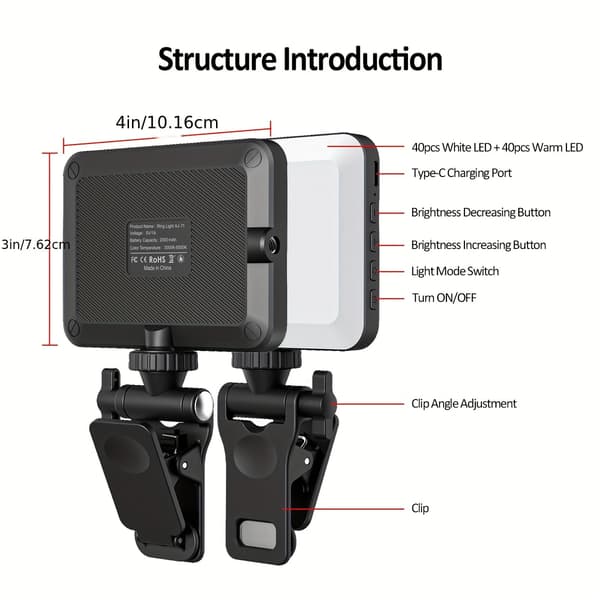 RadiantGlow Clip-On Selfie-lys til telefon, bærbar computer, tablet - Justerbar lysstyrke-FO-