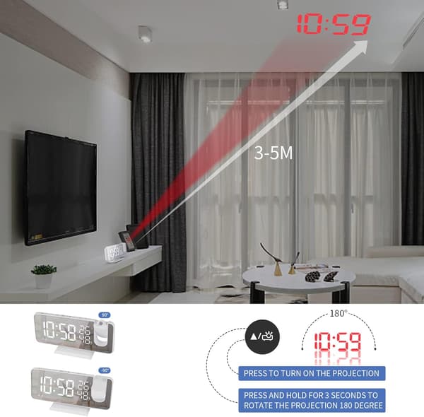 Projection Alarm Clock, Clock Radio with Temperature, Humidity, 7.5-inch Mirror LED Display, with Automatic Dimming Function, (White)-FO-