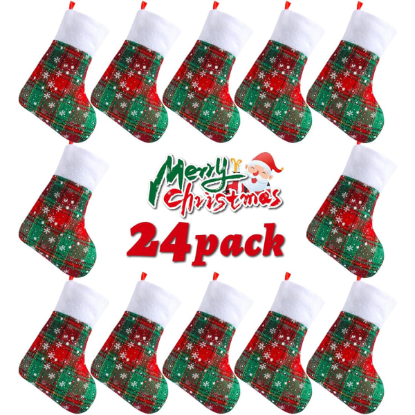 24-pack mini julstrumpor, 9 tums buffelplädstrumpor Snowflake Rödgröna strumpor med plyschmanschetter för julgransprydnader Gift Bo