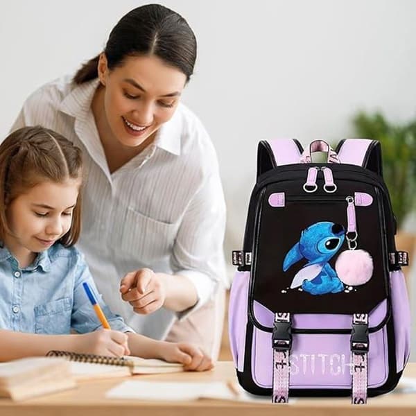 Purple Stitch Backpack for Kids & Teens - School Backpack with 2 USB Ports-FO-