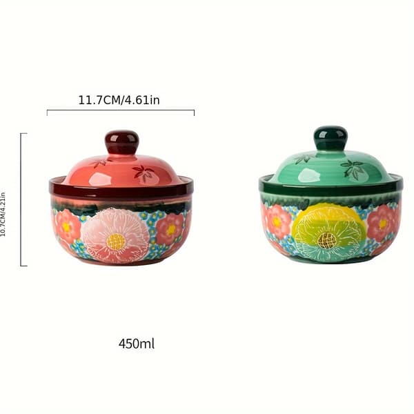 Håndmalet blomstret keramisk gryde med låg til suppe og ægdamning 1pc Pink