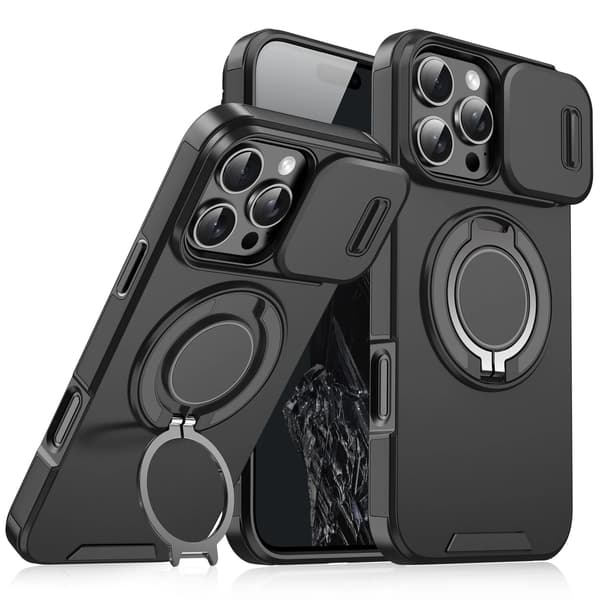 Magnetisk Ringstativ Etui til iPhone 16 Pro Max med Skydbart Linsecover Sort-FO-