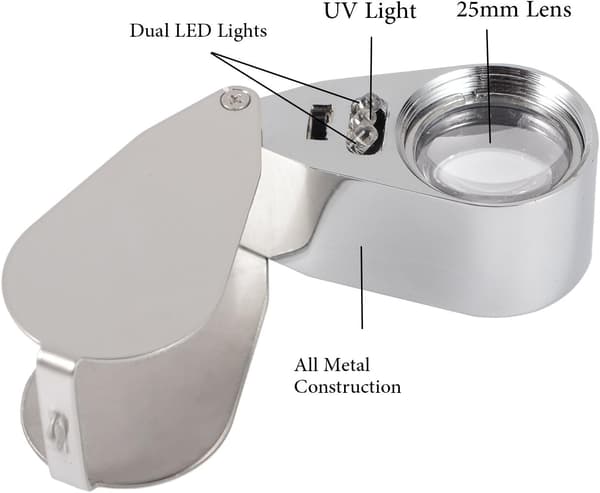 40X Gullsmedlupe Sammenleggbar Lupe i Metall med UV LED-lys Mag-FO-