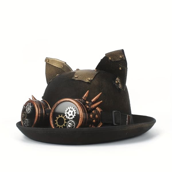 Steampunk flosshatt med avtakbare briller og katteører, polyester, unisex kostymetilbehør Black