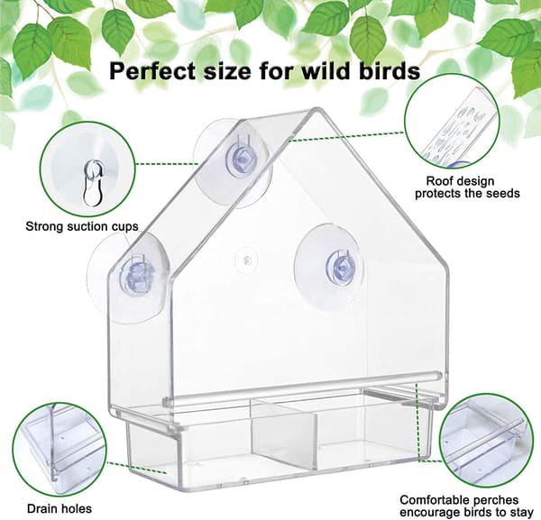 Window Bird Feeder for Outdoor Use with 3 Strong Suction Cups, Ac-FO-