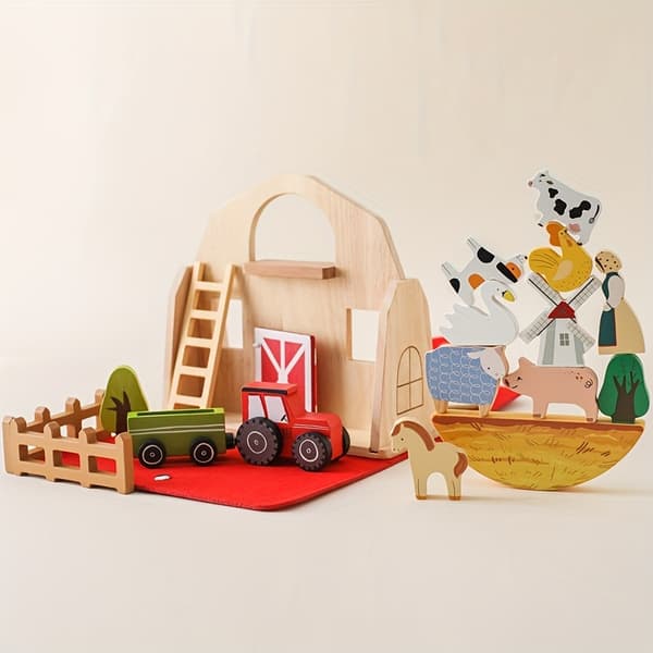 Christmas Toy for Babies: Wooden Farm Animal Block House, Fun Stacking for Early Cognitive Development-FO-
