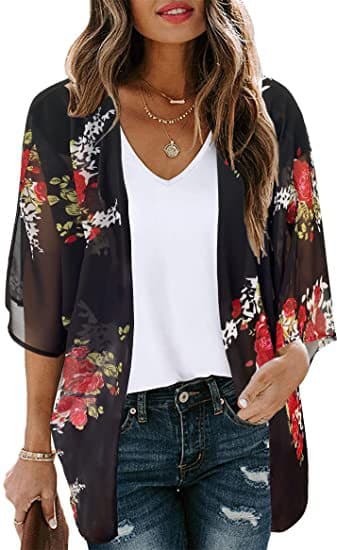 Kvinders blomstertryk pufærme kimono cardigan løs dækning afslappet bluse-FO-