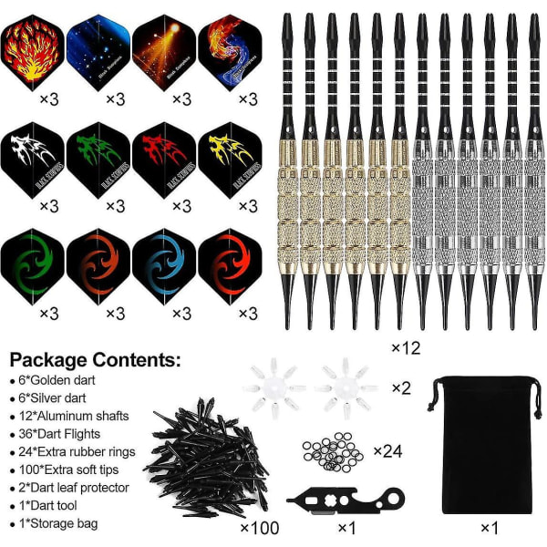 Plastspissdart, 18g sett for elektronisk darttavle, 12 piler med 36 flyvninger og 100 spisser, 20 gummiring