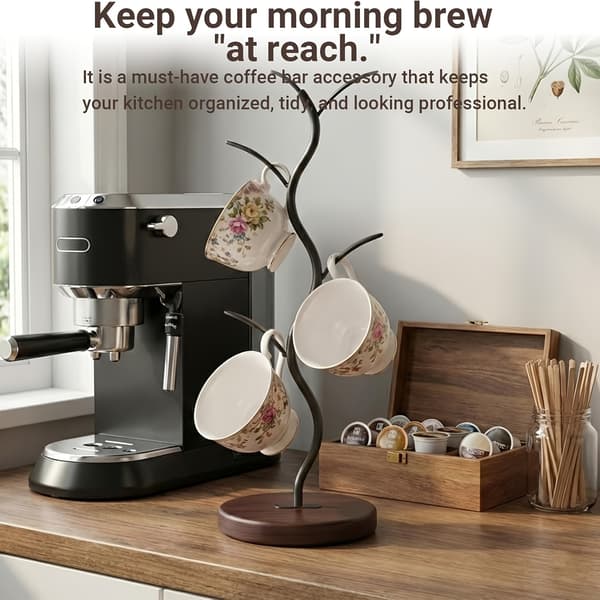 Kaffemuggshållare, kaffemuggsställ för bänkskiva, lövformat koppställ i järnmetall med träbas, kaffebänk Te-FO- 1pc
