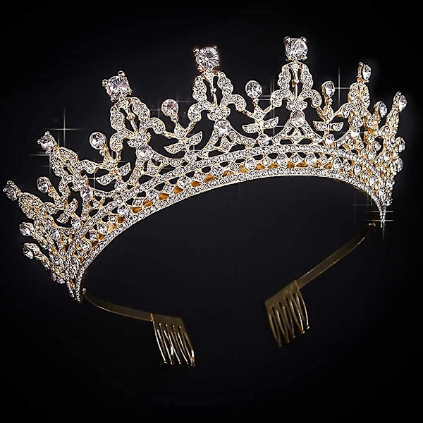 Gull tiara og krone for kvinner bursdag pannebånd for jenter Crystal Queen Crown hårtilbehør (mørk)