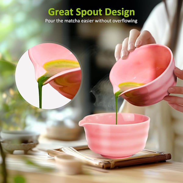 Keramisk tesæt, inklusive matcha-skål, matcha-vispeholder og matcha-visp, 5-delt sæt rosa pink