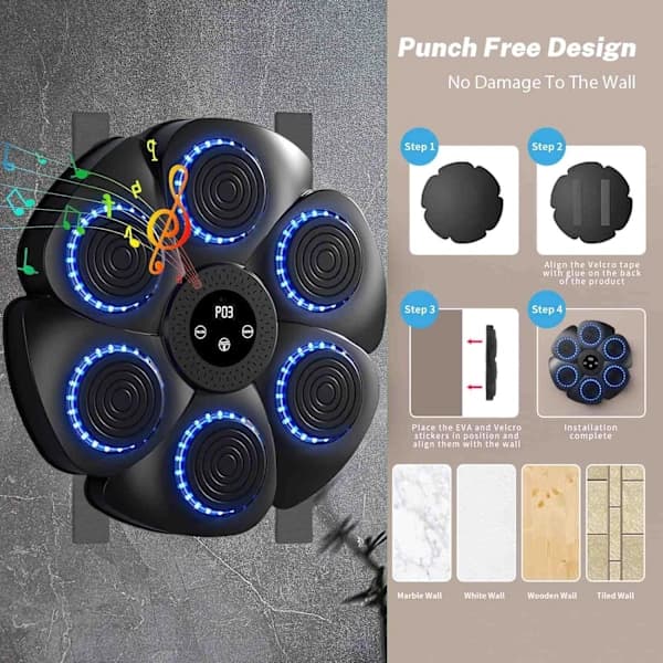 Musical Boxing Machine, Smart Wall-Mounted Boxing Machine - Bluetooth with Boxing Gloves for Adults and Children, 9 Speeds and Countdown Modes-FO-