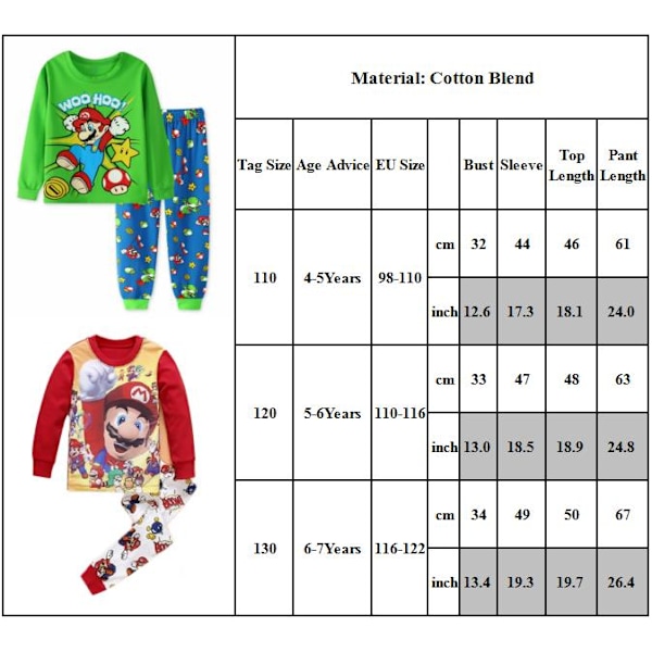 1 Sett Barn Pyjamas Super Mario Langærmet Pullover Sett Nattklær B B B 120cm