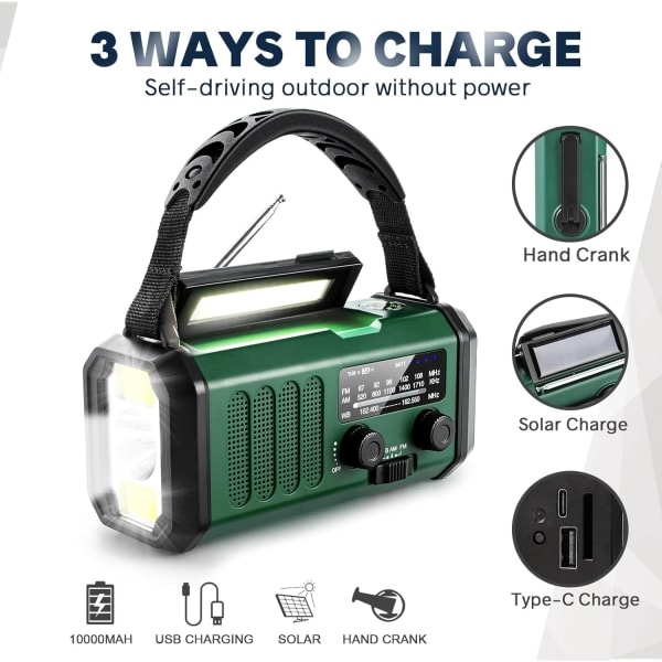 REMAKE Nödradio med vev, 10000mAh batteri - NOAA/AM/FM väderradio - LED-ficklampa och läslampa - SOS-alarm WELLNGS