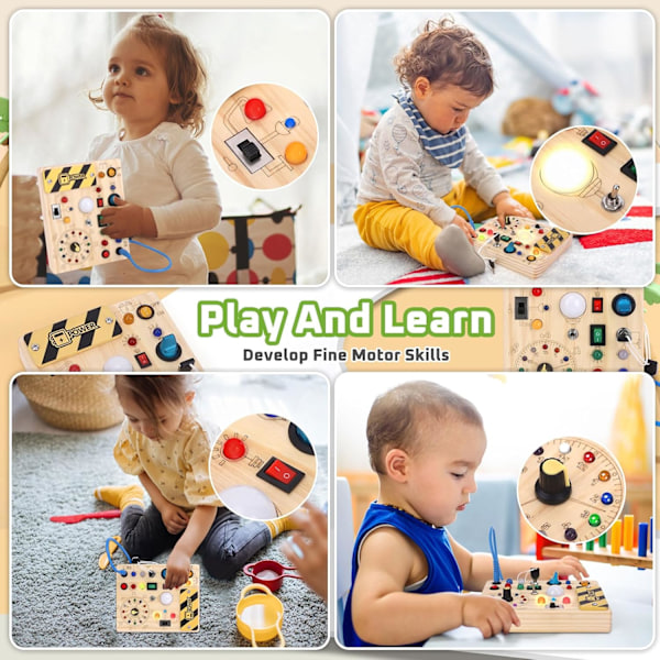 Montessori-leksak, aktivitetsbräda, sensorisk babyleksak, med 10 strömbrytare och 23 LED-lampor, träleksak, resa-JAN-