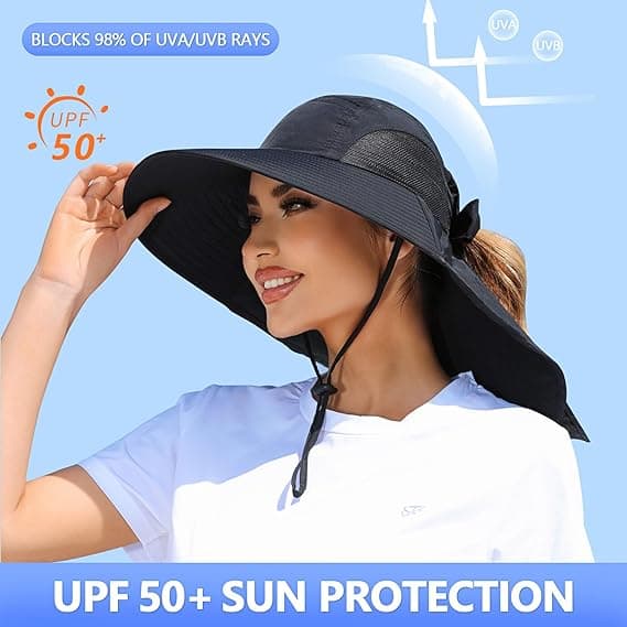 Dam solhatt UV-skydd bred brätte fiskehatt med hästsvanshål nackskydd-FO- Black