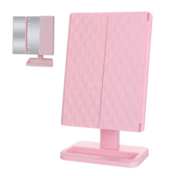 Belyst sminkspegel minimalistisk förstoring touchkontroll trefaldig LED-sminkspegel rosa