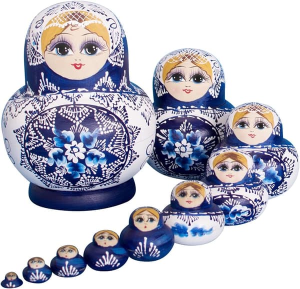 Russiske Matryoshka-dukker, 10 dele, håndlavede, gaver, legetøj (blå)-FO-