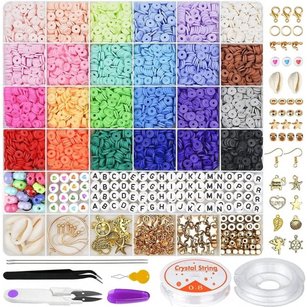 6000 stk. Clay Beads Kit Armbånd Fremstillingssæt Smykker Håndlavede 6mm Polymer Clay Bead Sæt Flad Rund Heishi Perler til Børn Voksne DIY Halskæde Øreringe