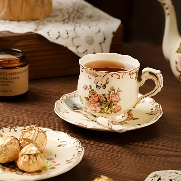 Keramisk tekop og underkop-sæt med skeer, vintage blomstrede tekopper til kvinder 2Cup2Pla2Spo1Co
