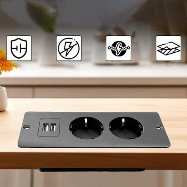 4-in-1 Power Strip - Black - 2 Power Outlets, 2 USB A Ports - 1.5 m Cable - Durable with Multiple Safety Features - Hidden Mounting Design-FO-