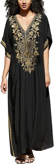 YouKD Kaftan med blomsterbroderi, boheme strandkjole, bikini-overtræk, lang strandkaftan til kvinder-FO-