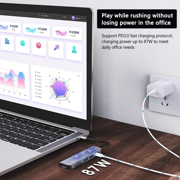 USB C-hub til MacBook Pro, 6-i-1-adapter med 4K HDMI, USB 3.0, SD/TF-læser og 87W PD-FO-