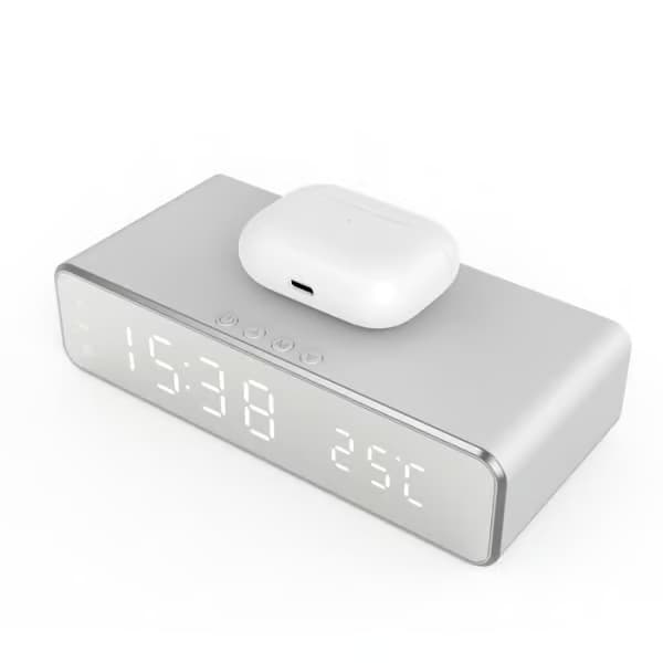 Digitalt LED-vækkeur med trådløs oplader/termometer Sølv