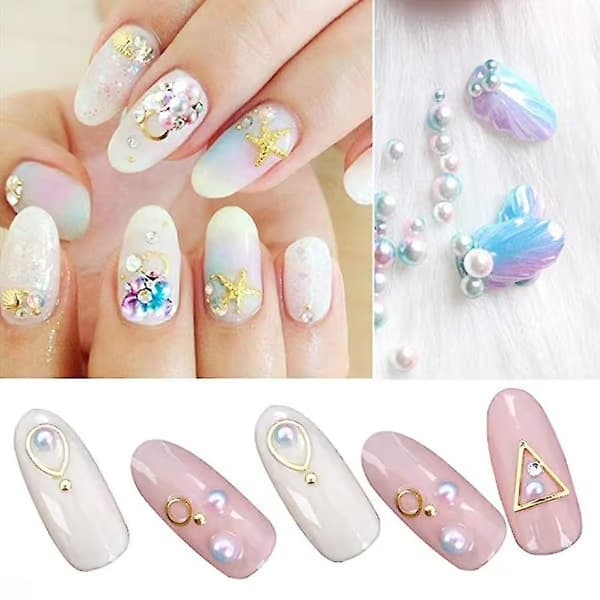 Nail Art perler halvrude imiterte perler 3D-dekaldesign glitterdekorasjon DIY neglekunst-tilbehør
