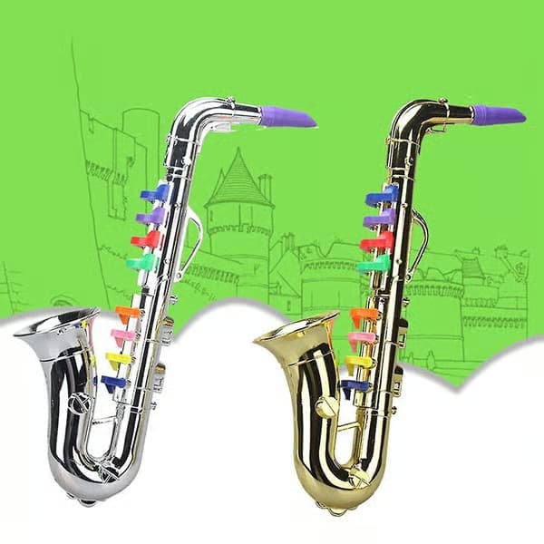 Saksofon 8-farget metallisk simuleringsleke for barn, minimusikkinstrument til bursdag, gull