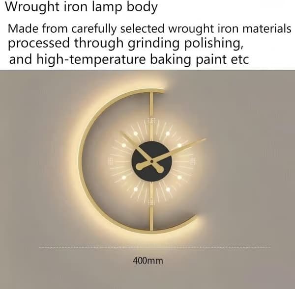 Modern LED-väggklocka i smidesjärn, halvmåneformad med justerbart trefärgat LED-ljus, idealisk för inredning