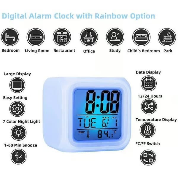 Digitalt vækkeur lysende terning LCD-ur med stort display tid/dato/temperatur farverig LED