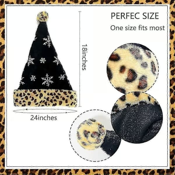 Sort julemandshue med leopardprint, pailletter og plys
