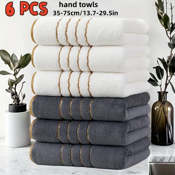 Lyxig handduksset med guldfärgade ränder i modern design - Rektangulära mikrofiberhanddukar lämpliga för hem, spa 6 st 【Hvid】