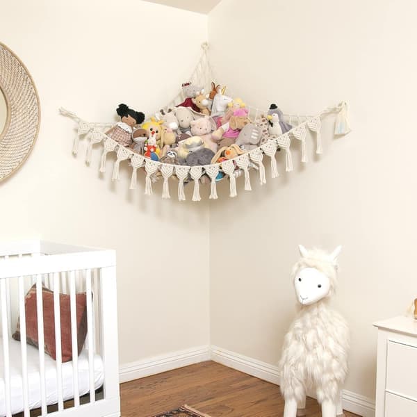 Ekstra stor bomulds-makrame-bamse-hængekøje med LED-lys, Boho hjørne-legetøjsopbevaringsnet
