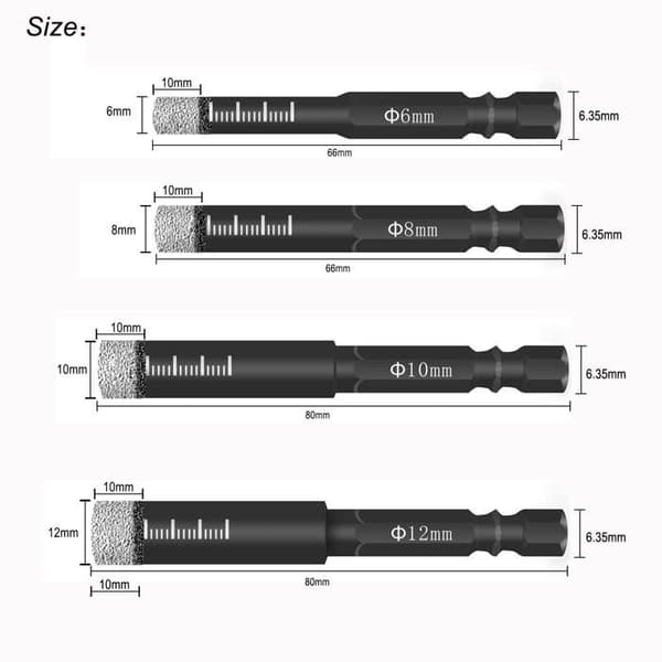 Sæt med 4 sekskantede diamantborebits 6/8/10/12 mm til fliser, glas og sten - 6,35 mm skaft