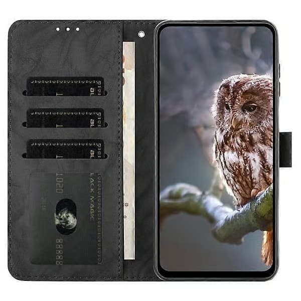 Kompatibelt etui til iPhone 16 med ugle-print, PU-læder pung-etui med håndledsrem Black