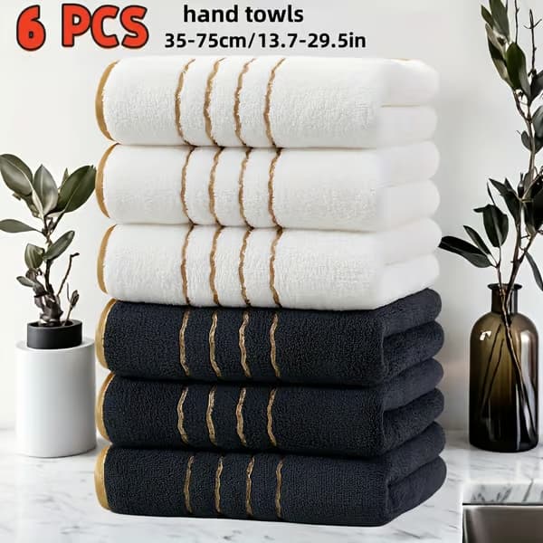 Lyxig handduksset med guldfärgade ränder i modern design - Rektangulära mikrofiberhanddukar lämpliga för hem, spa 6 st 【Hvid】